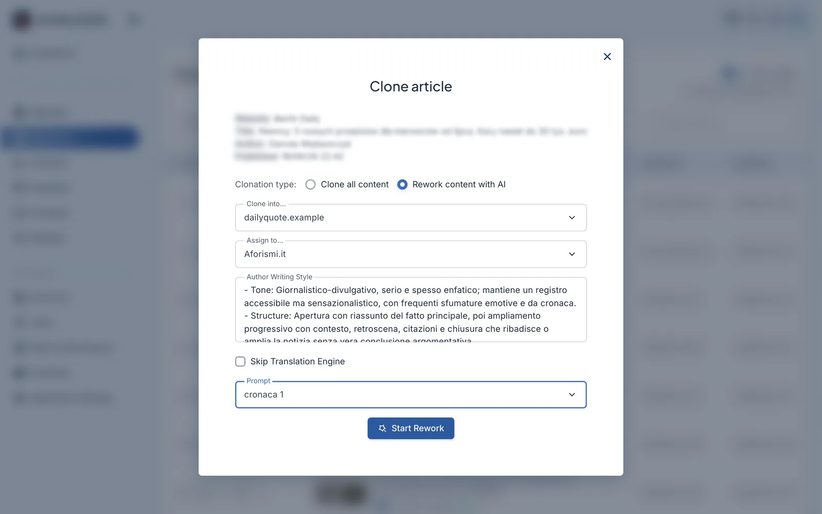 Rework with AI in AI Multisite: adapt an article for the target publication with automatic translation